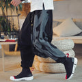 Men's loose fit cotton linen cropped pants with printed ankle cuffs in black, Asian size M to 4XL
