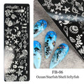 Stainless steel nail stamping plate with love, flower, and ocean patterns on a 12x4cm surface