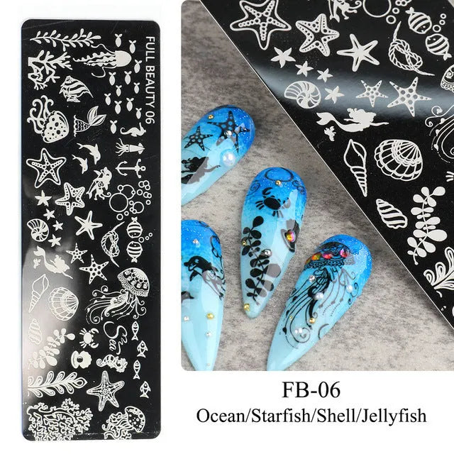 Stainless steel nail stamping plate with love, flower, and ocean patterns on a 12x4cm surface