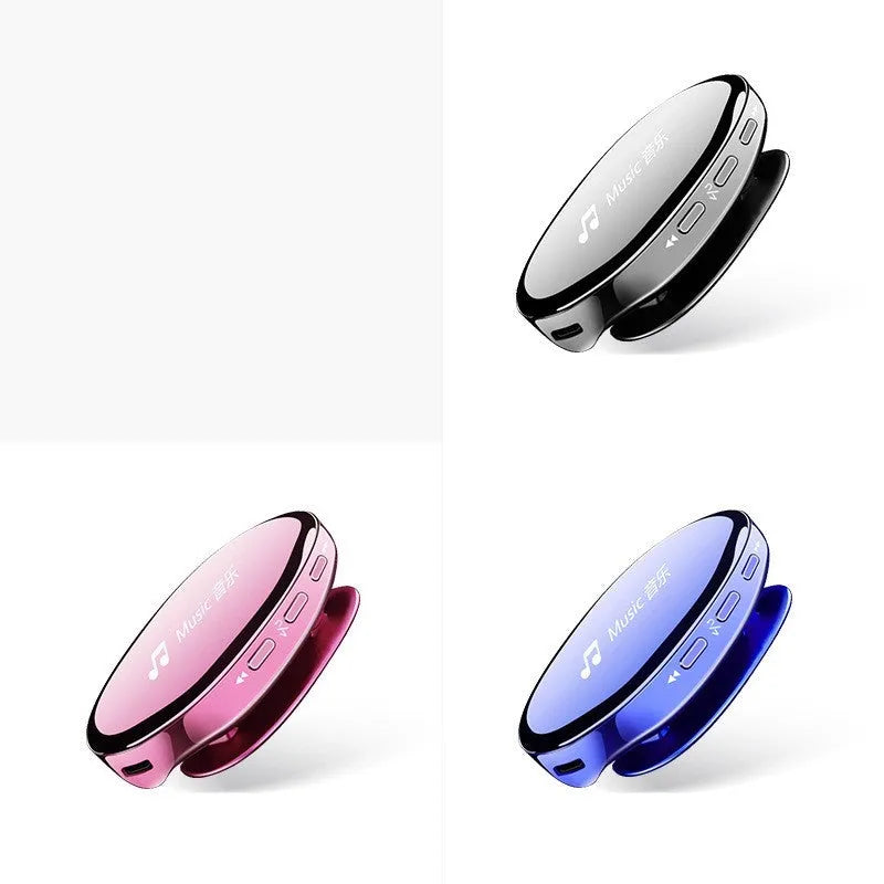 A compact blue Bluetooth MP4 music player with an OLED screen displaying a track list.