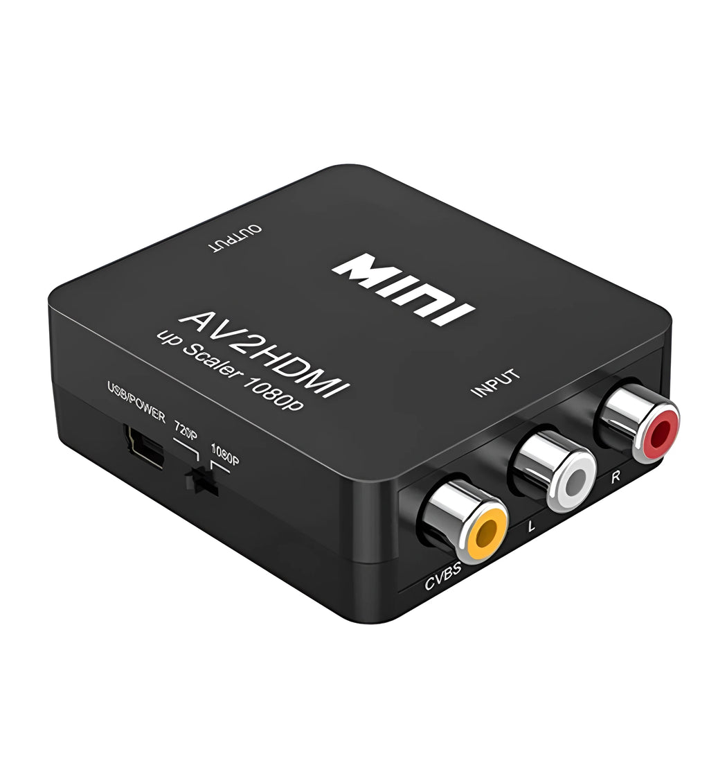Black AV to HDMI converter with 0.5 metre cable for 1080P video conversion