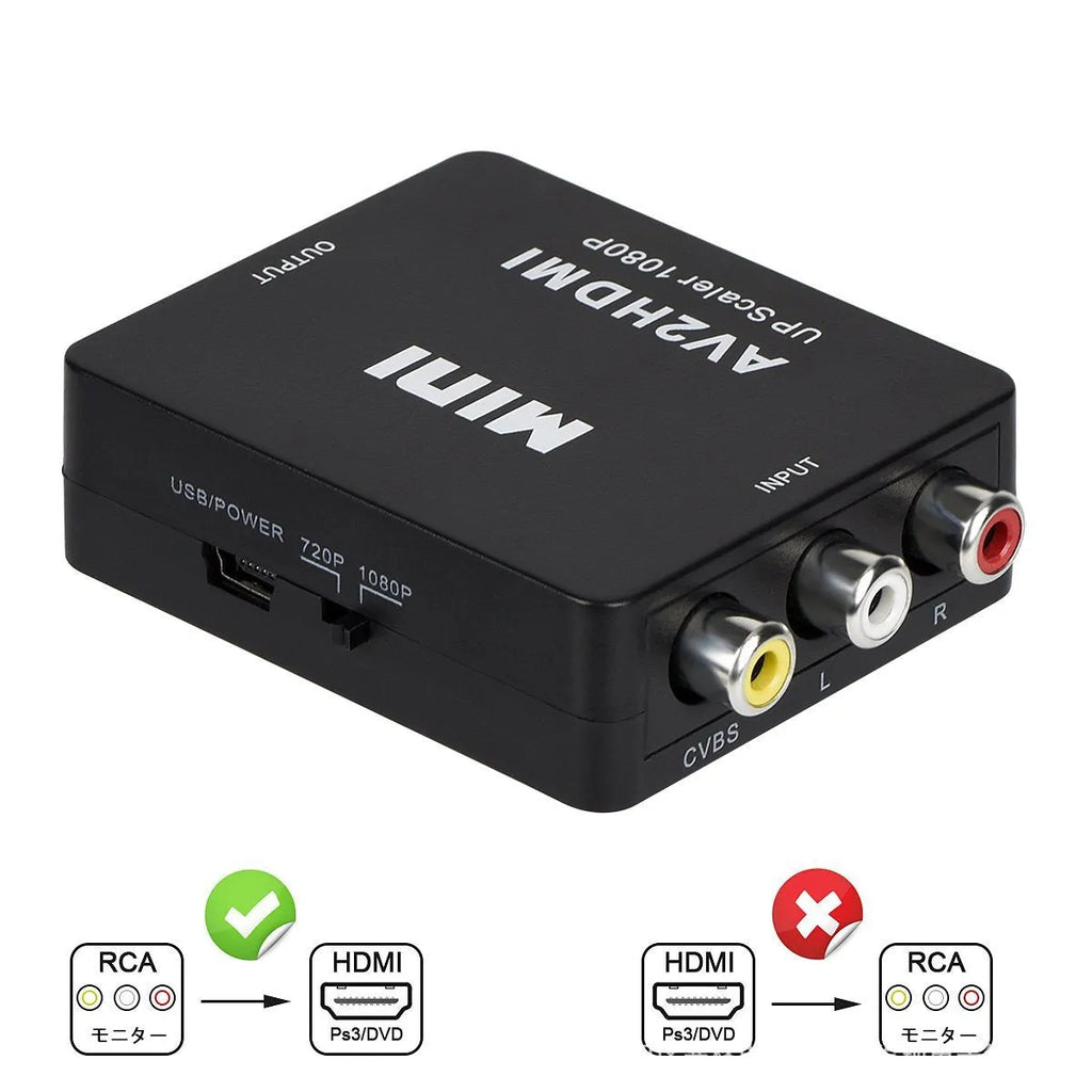 Black AV to HDMI converter with 0.5 metre cable for 1080P video conversion