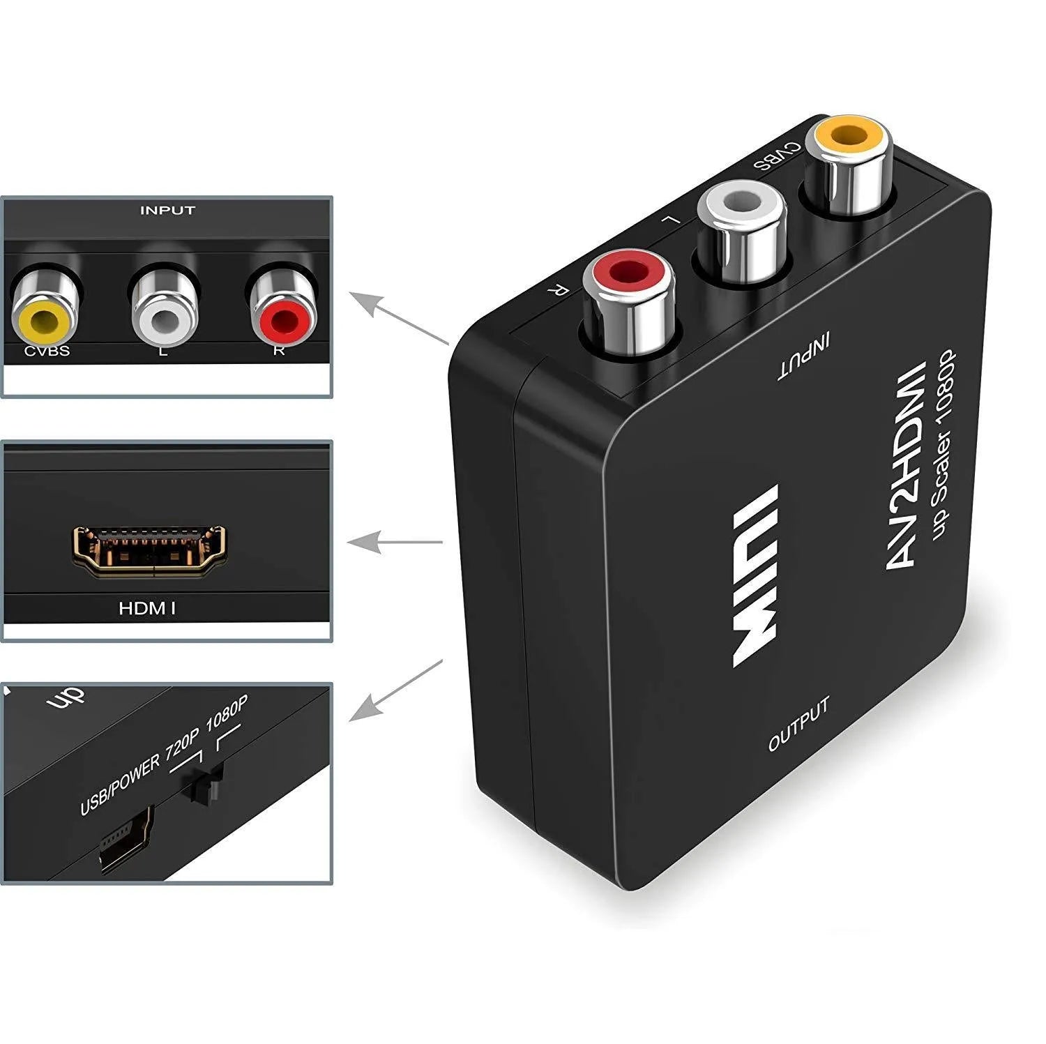 Black AV to HDMI converter with 0.5 metre cable for 1080P video conversion