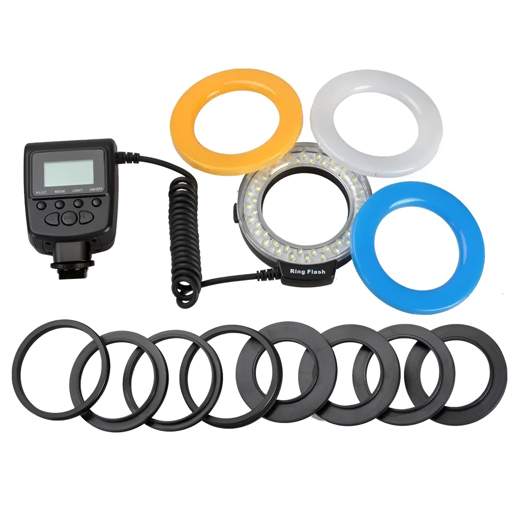 RF-550D LED macro ring fill light attached to SLR camera lens with guide number 15