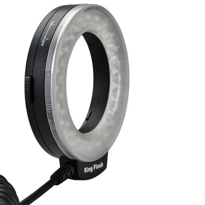 RF-550D LED macro ring fill light attached to SLR camera lens with guide number 15