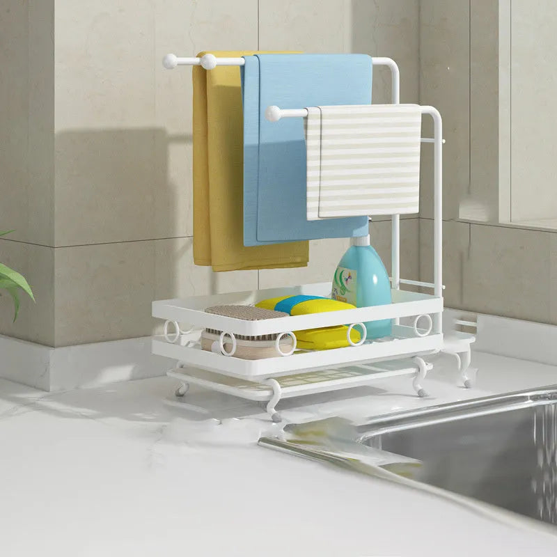 Black 3-pole rag storage rack with wall hanging mount for kitchen sink and bathroom use