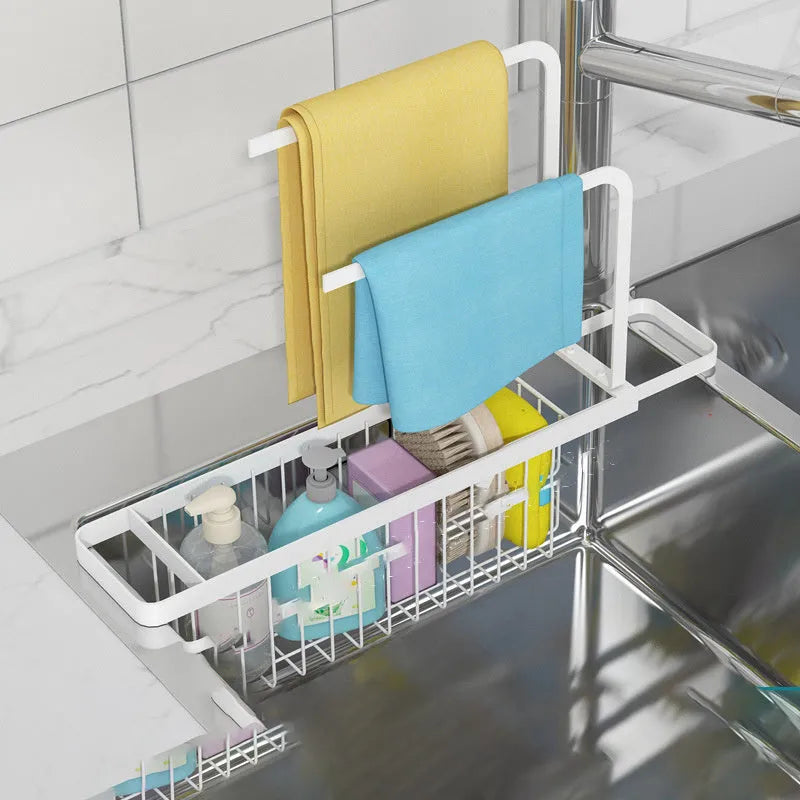 Black 3-pole rag storage rack with wall hanging mount for kitchen sink and bathroom use