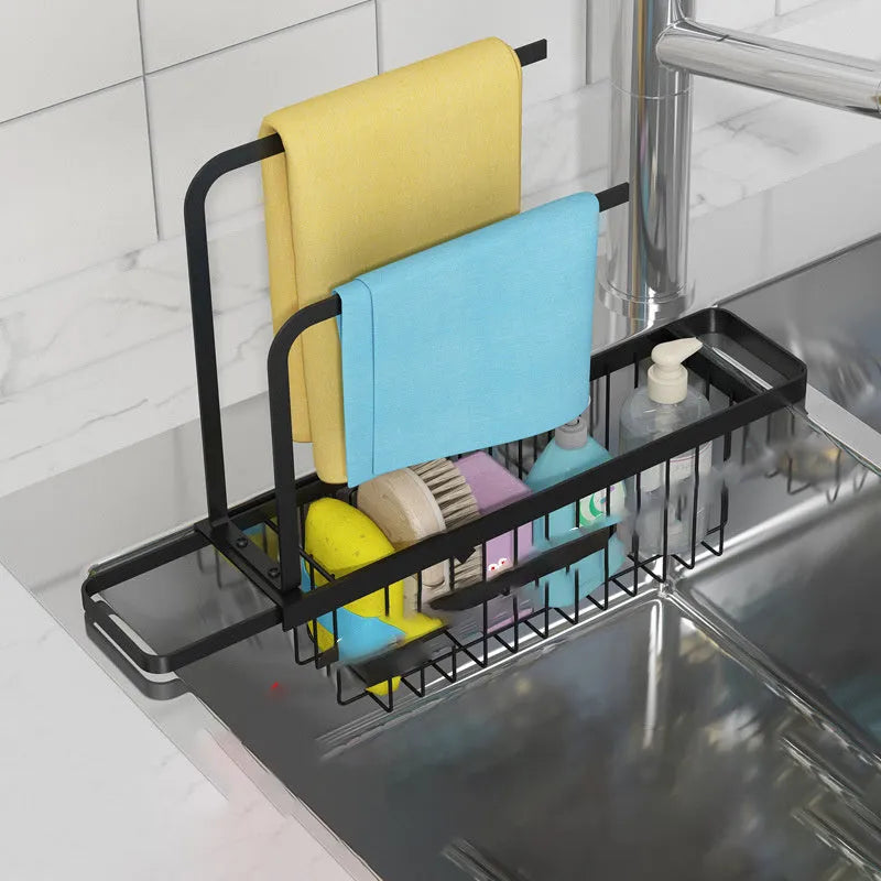 Black 3-pole rag storage rack with wall hanging mount for kitchen sink and bathroom use