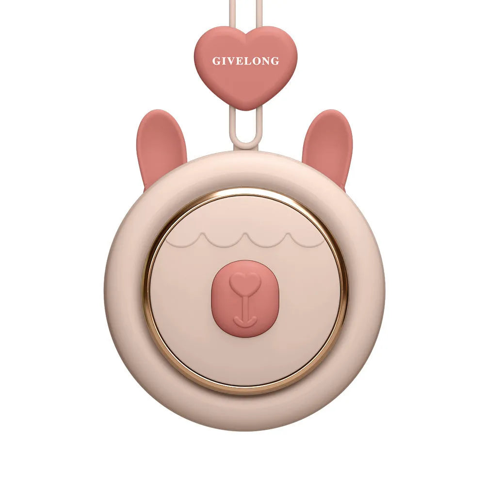 Mini bladeless neck fan with cute pet design, hanging rope, and USB charging cable.