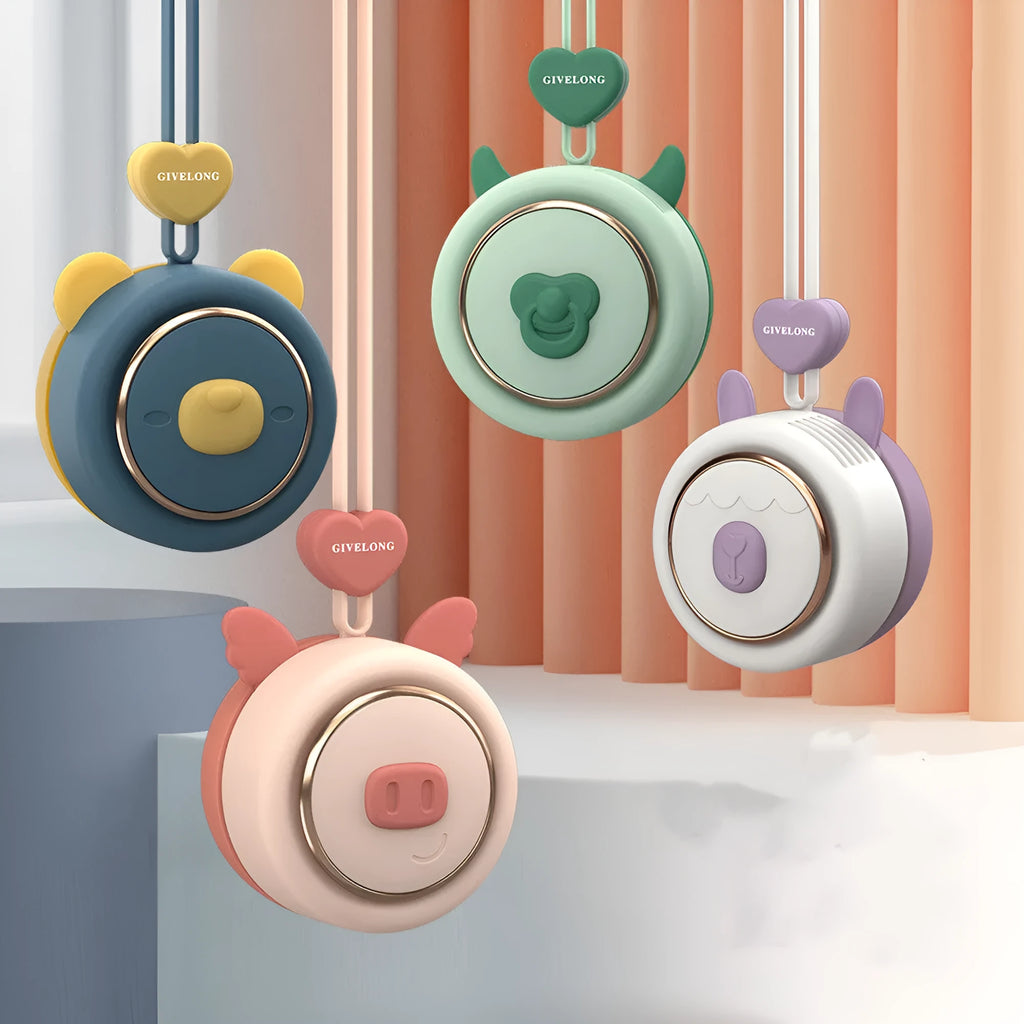 Mini bladeless neck fan with cute pet design, hanging rope, and USB charging cable.