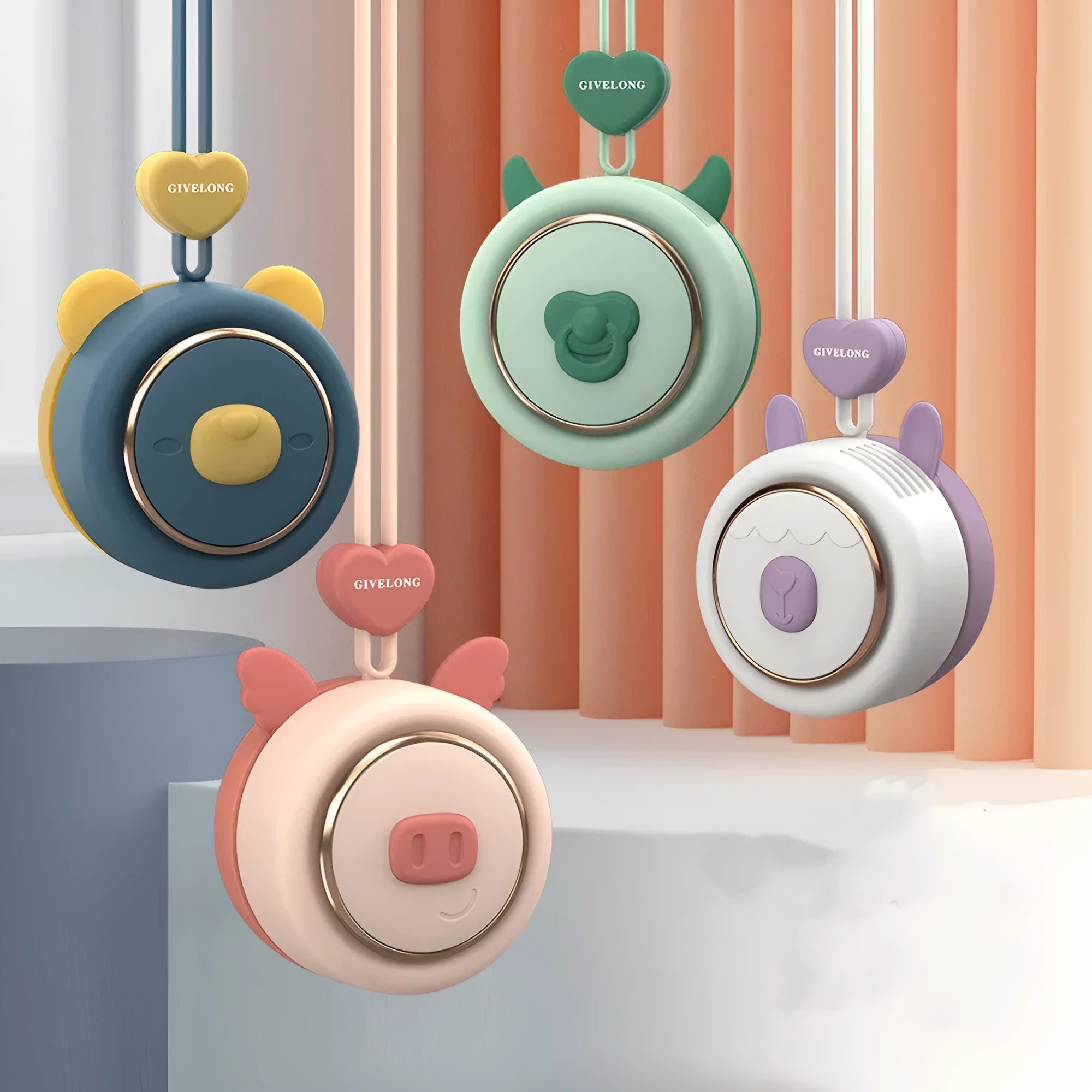 Mini bladeless neck fan with cute pet design, hanging rope, and USB charging cable.