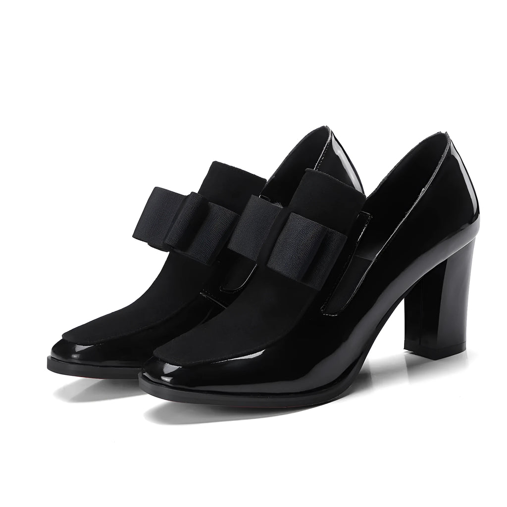 Women's patent leather thick heel high heels in black or wine red with square toe and rubber sole