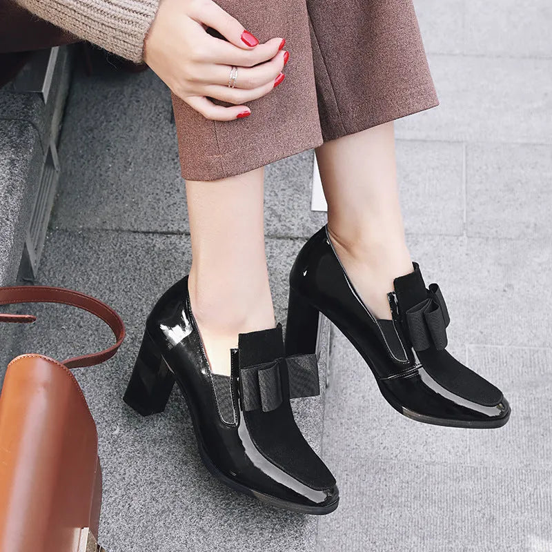 Women's patent leather thick heel high heels in black or wine red with square toe and rubber sole
