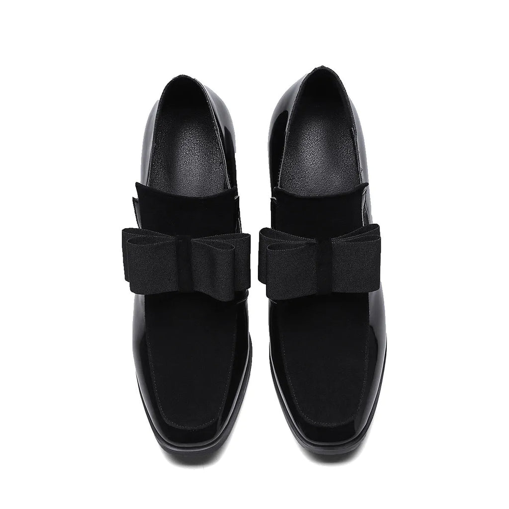 Women's patent leather thick heel high heels in black or wine red with square toe and rubber sole