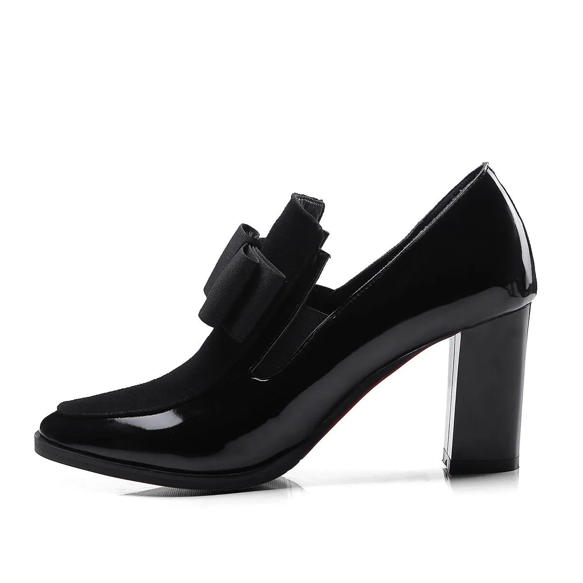 Women's patent leather thick heel high heels in black or wine red with square toe and rubber sole