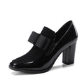Women's patent leather thick heel high heels in black or wine red with square toe and rubber sole