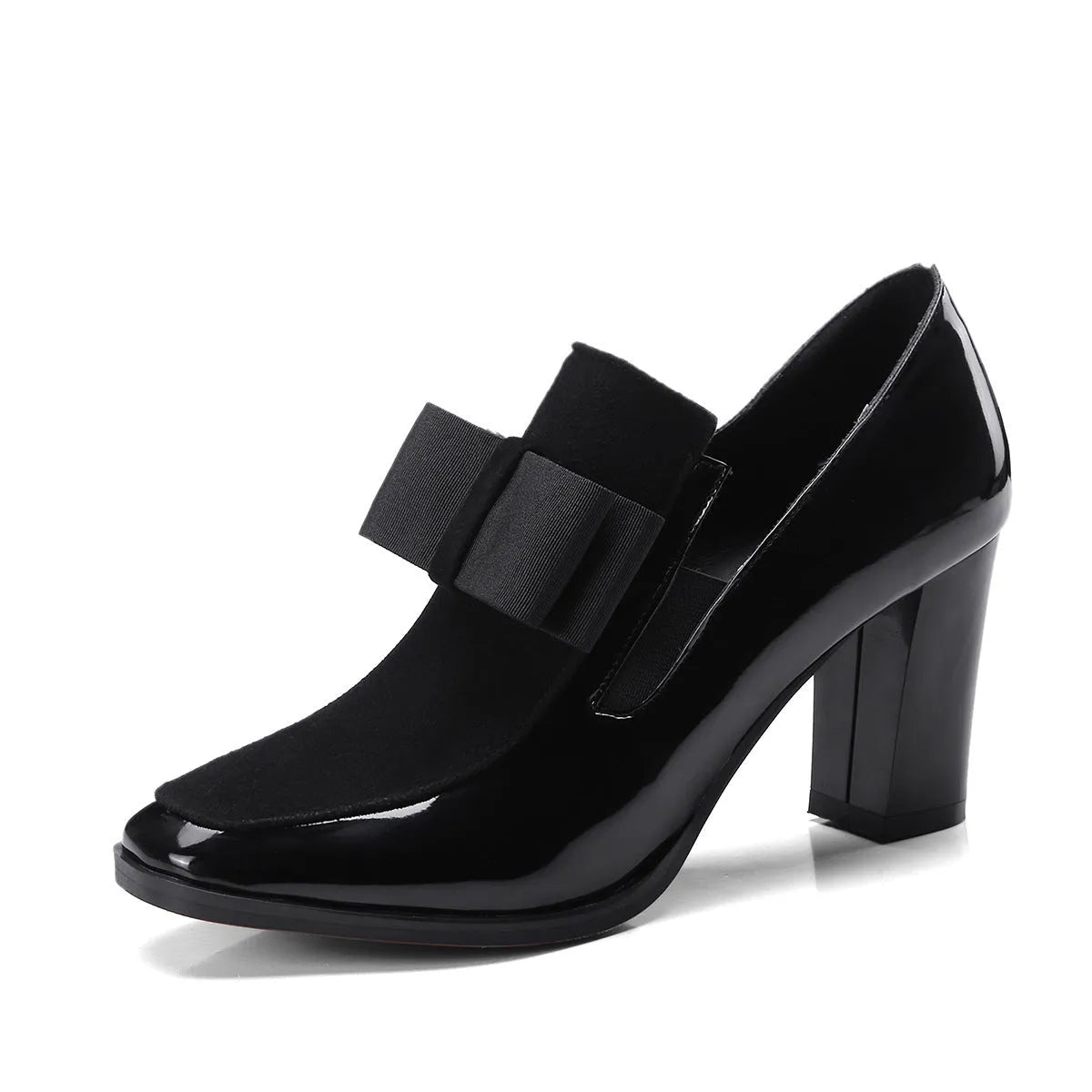 Women's patent leather thick heel high heels in black or wine red with square toe and rubber sole