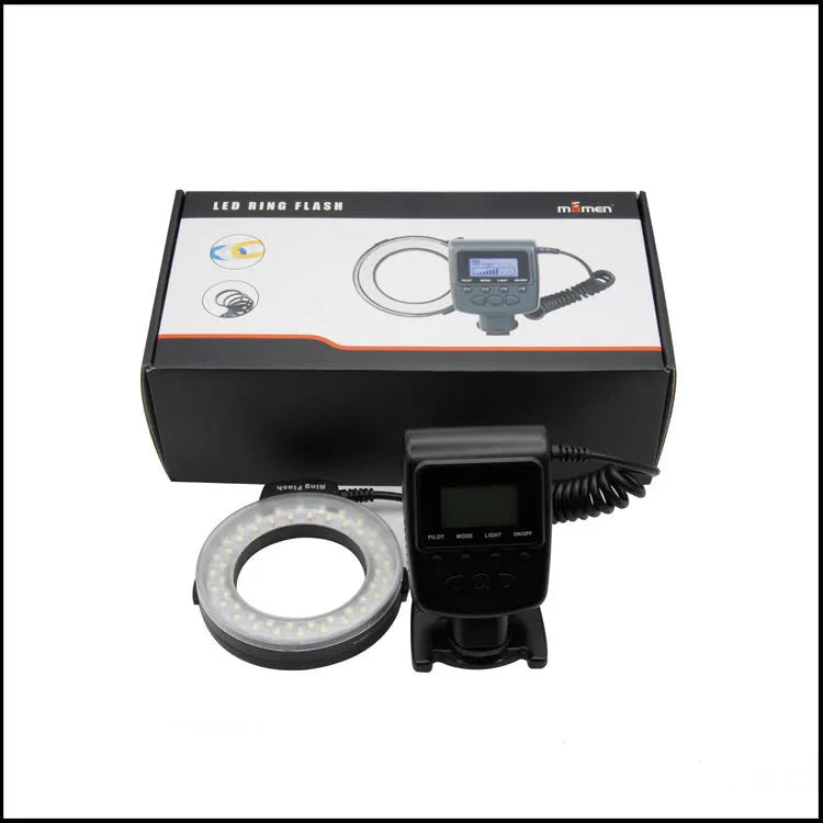 RF-550D LED macro ring fill light attached to SLR camera lens with guide number 15