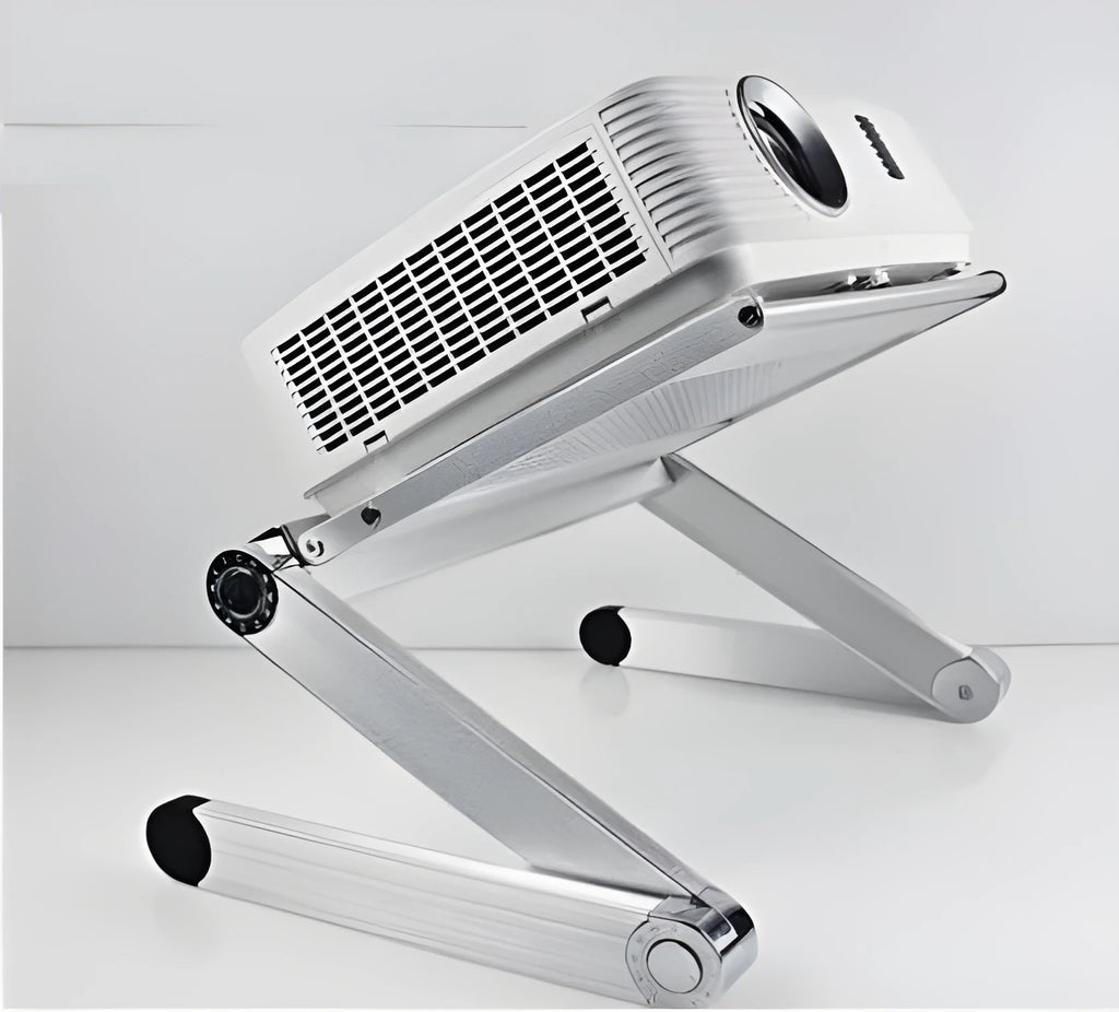 Multi-kinetic energy folding stand aluminium alloy desktop with white tray, compatible with iPhone and micro-projector