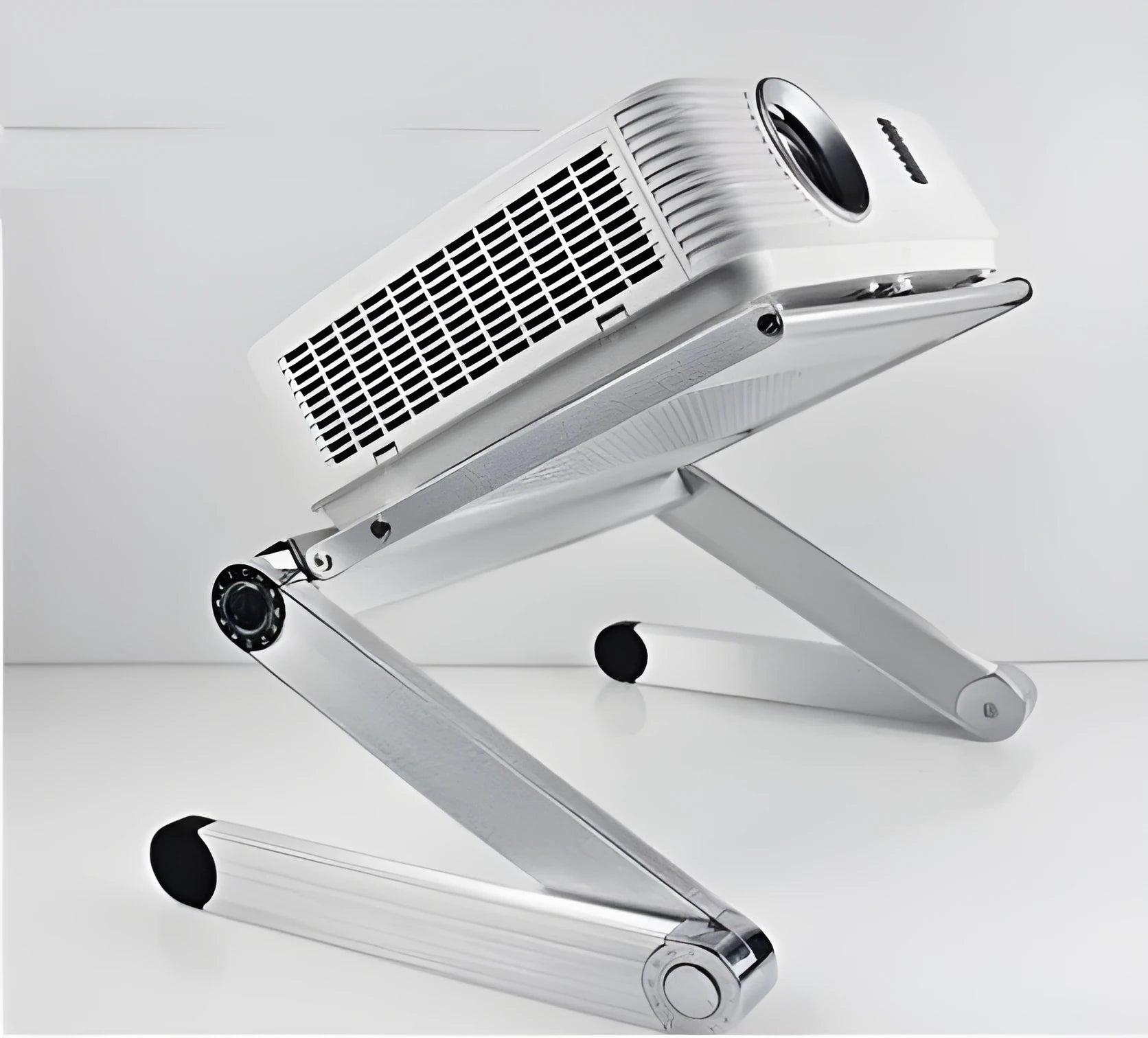 Multi-kinetic energy folding stand aluminium alloy desktop with white tray, compatible with iPhone and micro-projector