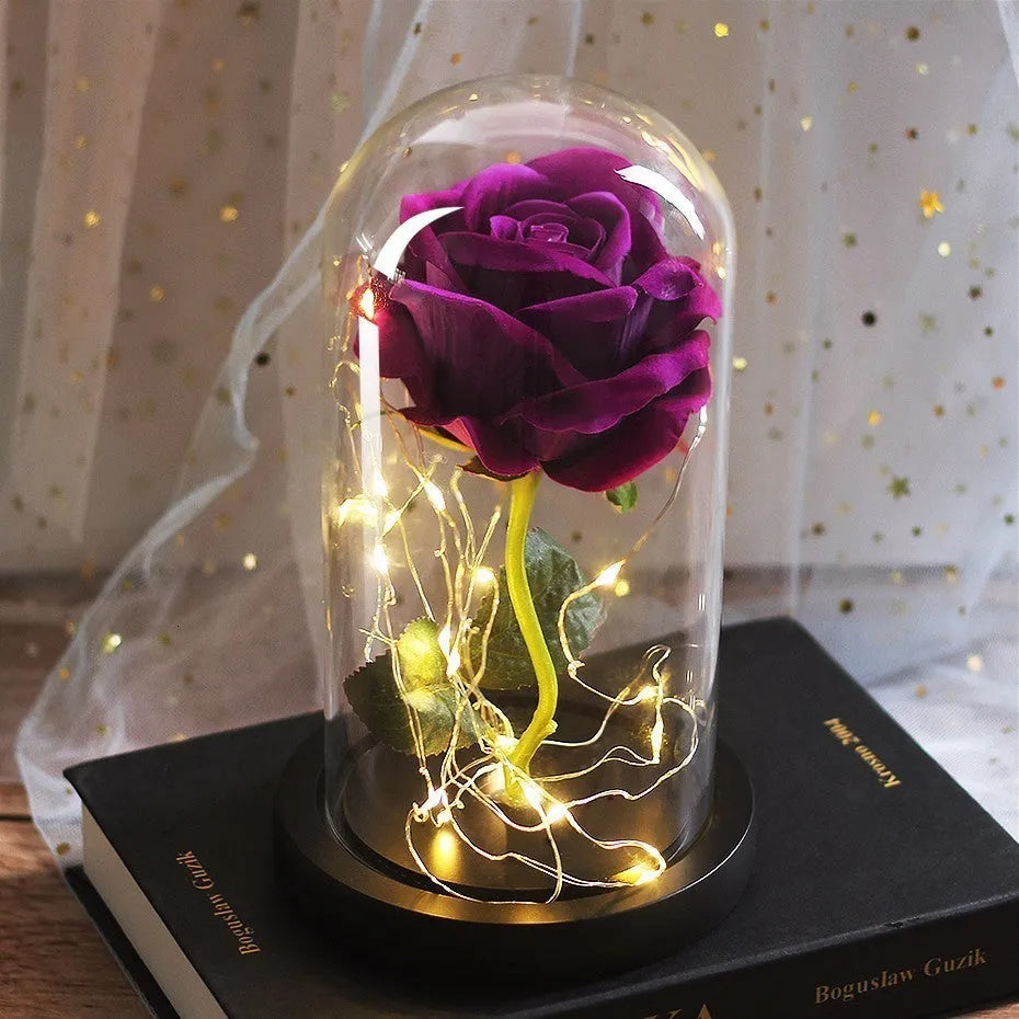 LED illuminated simulation rose bouquet in a gift box with glass lampshade and solid wood base.
