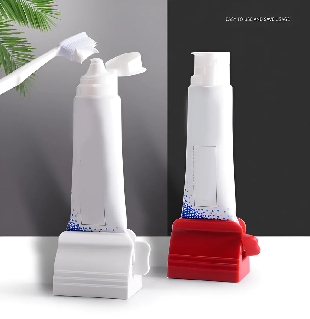 Large toothpaste squeezer in plastic and ABS for bathroom use, shown in white and red