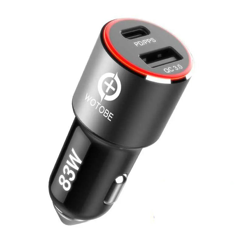83W dual-port fast car charger with USB-C and QC3.0 ports shown plugged into a car socket.
