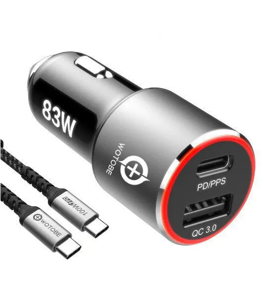 83W dual-port fast car charger with USB-C and QC3.0 ports shown plugged into a car socket.