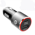 83W dual-port fast car charger with USB-C and QC3.0 ports shown plugged into a car socket.
