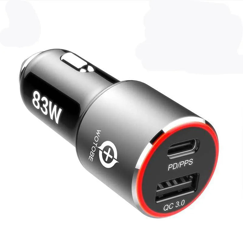 83W dual-port fast car charger with USB-C and QC3.0 ports shown plugged into a car socket.
