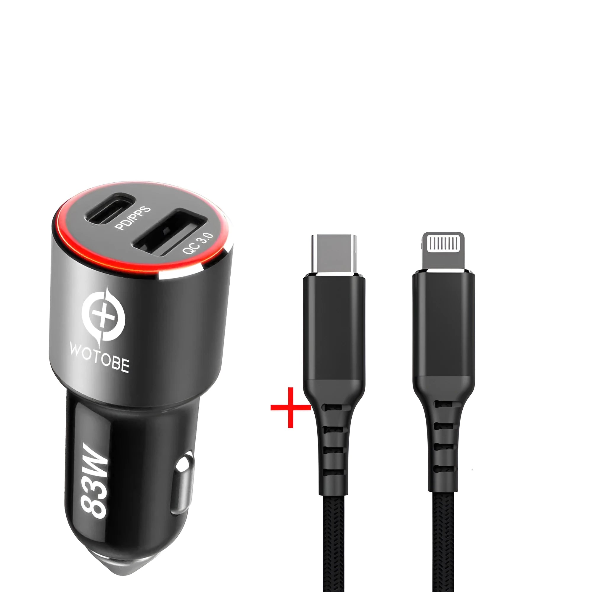 83W dual-port fast car charger with USB-C and QC3.0 ports shown plugged into a car socket.