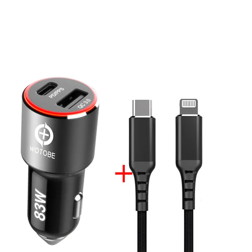 83W dual-port fast car charger with USB-C and QC3.0 ports shown plugged into a car socket.