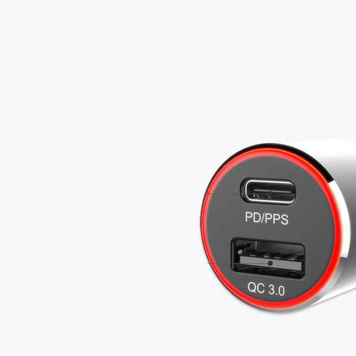 83W dual-port fast car charger with USB-C and QC3.0 ports shown plugged into a car socket.