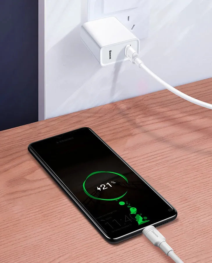 Baseus black and white Android Micro USB fast charging cables in 1 metre and 2 metre lengths.