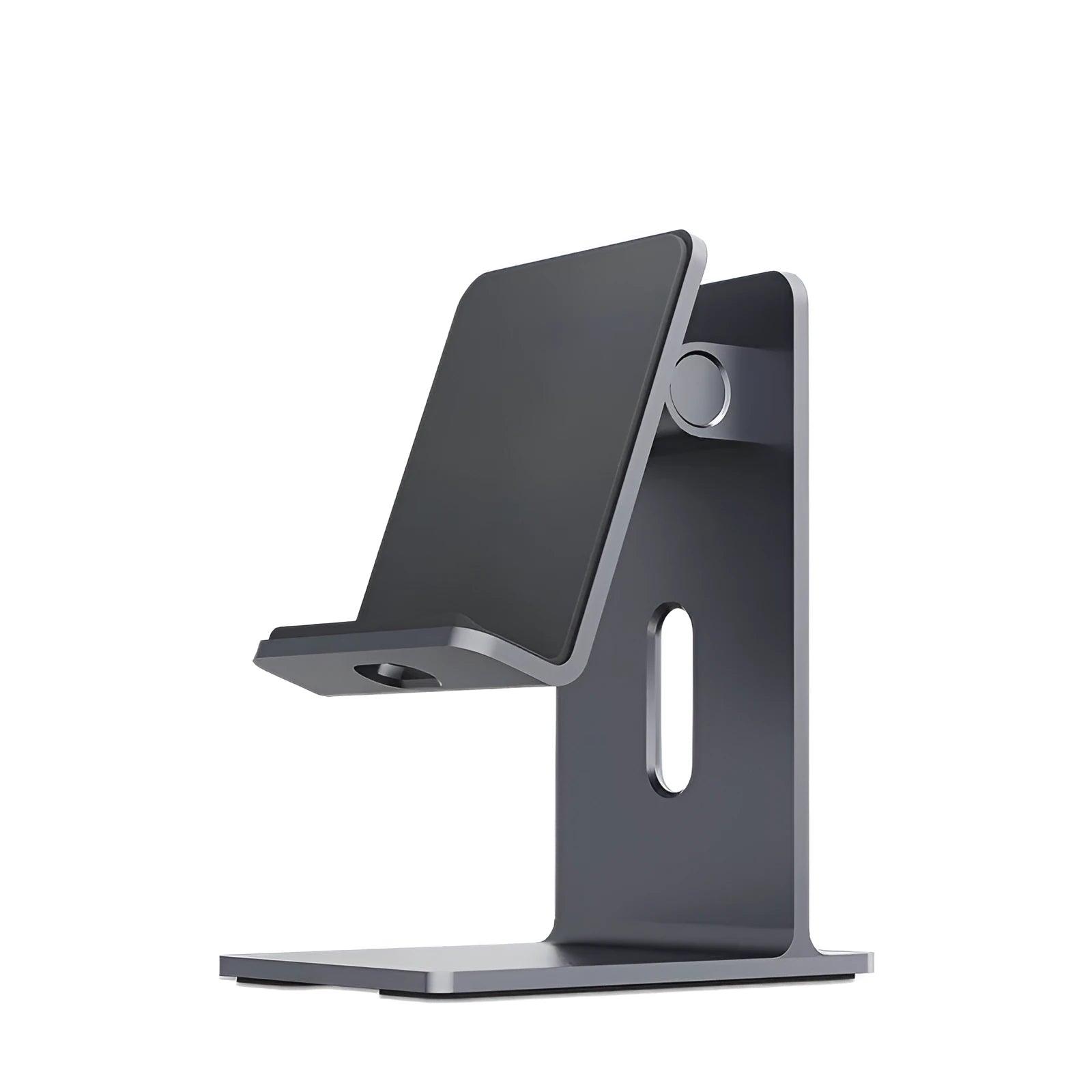 Dark space grey aluminium alloy mobile phone holder with adjustable clamp on a desk edge, holding a large tablet.