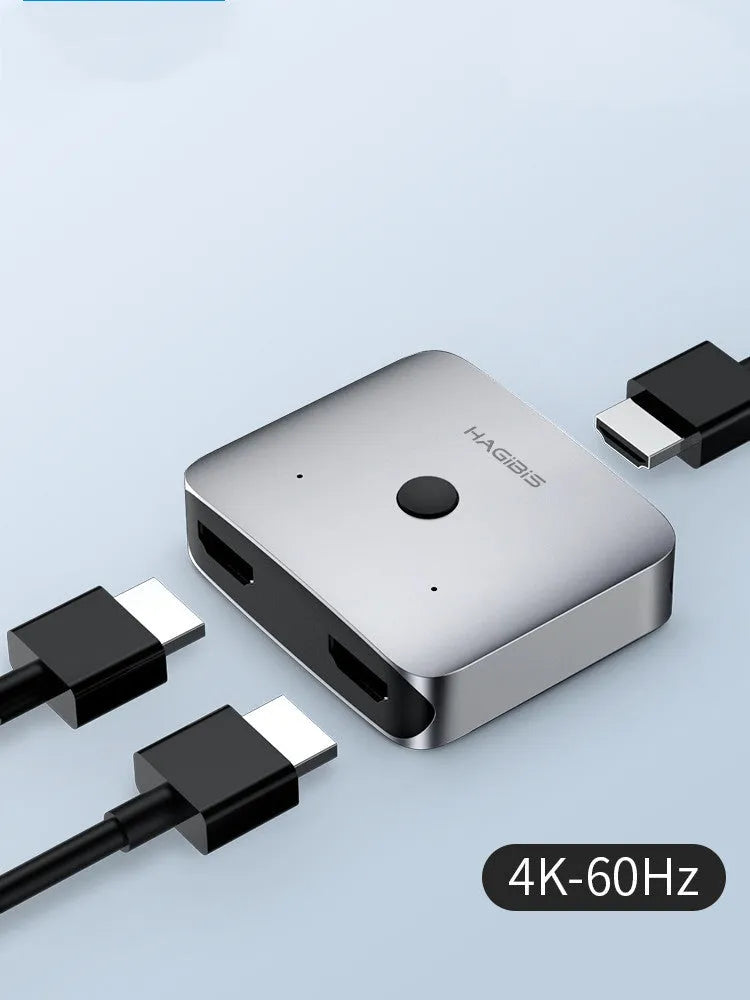 Grey Haibeisi HDMI switcher unit with two input ports and one output port for connecting computers and media devices to a TV or monitor.