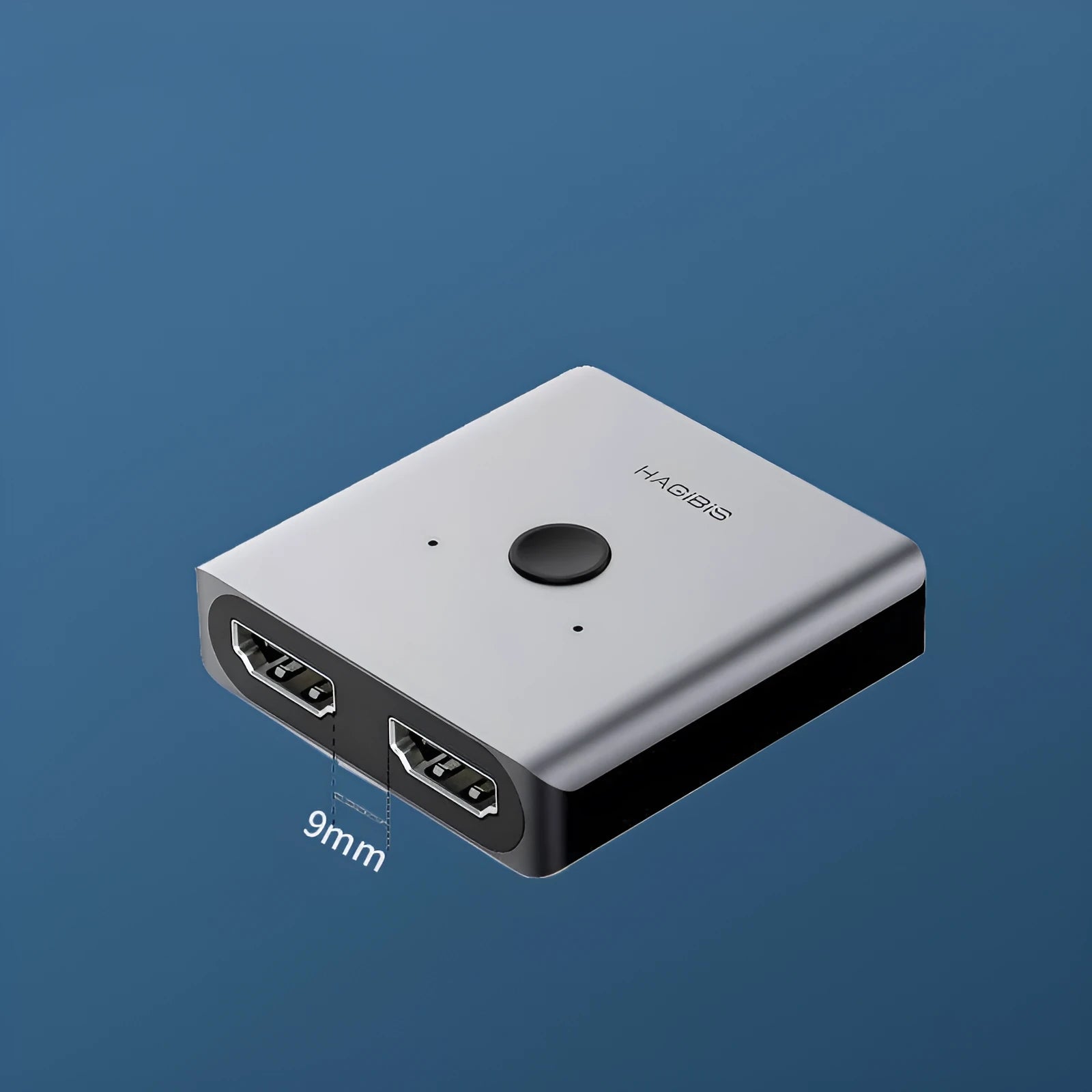 Grey Haibeisi HDMI switcher unit with two input ports and one output port for connecting computers and media devices to a TV or monitor.