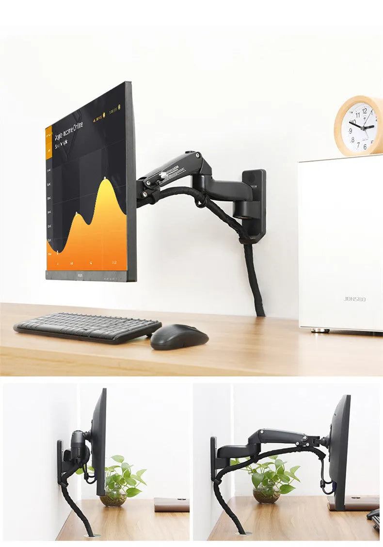 Black wall-mounted computer monitor stand with telescopic arm and rotating VESA mount