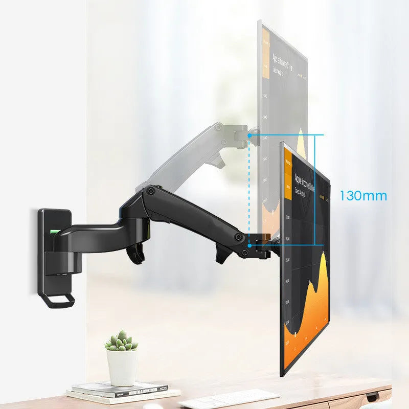 Black wall-mounted computer monitor stand with telescopic arm and rotating VESA mount