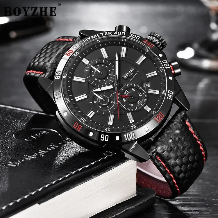 Men's automatic mechanical watch with black dial, luminous hands, calendar window, and brown leather strap