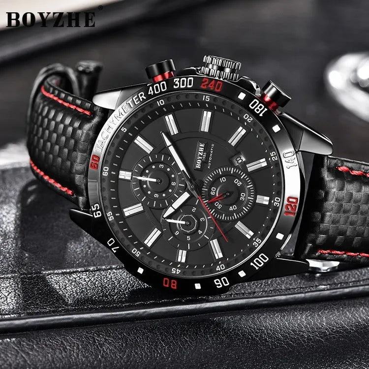 Men's automatic mechanical watch with black dial, luminous hands, calendar window, and brown leather strap