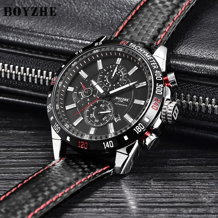Men's automatic mechanical watch with black dial, luminous hands, calendar window, and brown leather strap