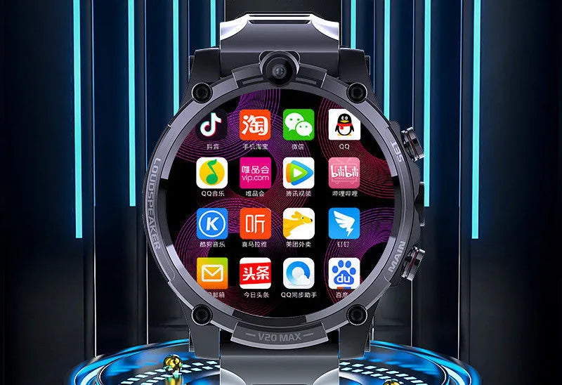 Black smart phone watch with 1.6-inch screen on a wrist strap, showing dual cameras and a heart rate sensor.