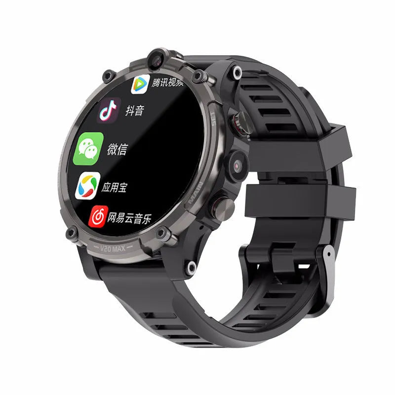 Black smart phone watch with 1.6-inch screen on a wrist strap, showing dual cameras and a heart rate sensor.