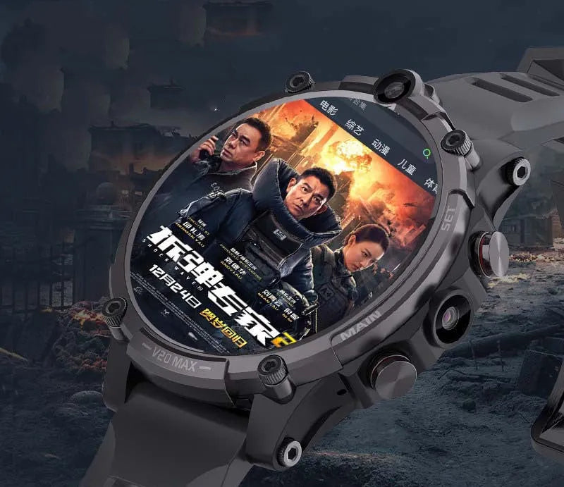 Black smart phone watch with 1.6-inch screen on a wrist strap, showing dual cameras and a heart rate sensor.