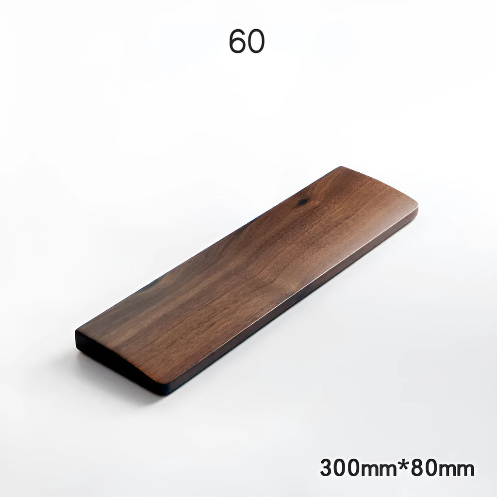 Walnut wood mechanical keyboard wrist rest showing natural wood grain and ergonomic design