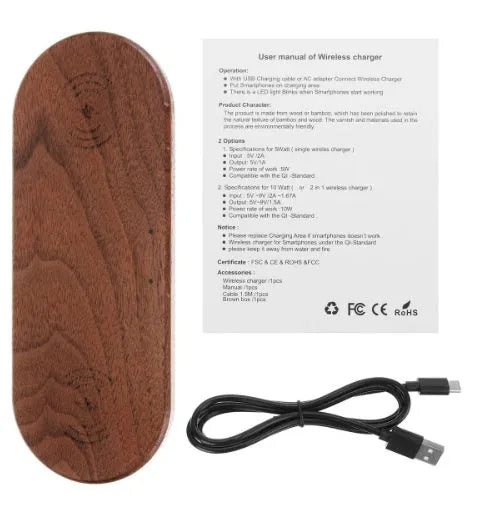 Wood wireless charger in bamboo, beech or walnut with direct charge and 5 V input