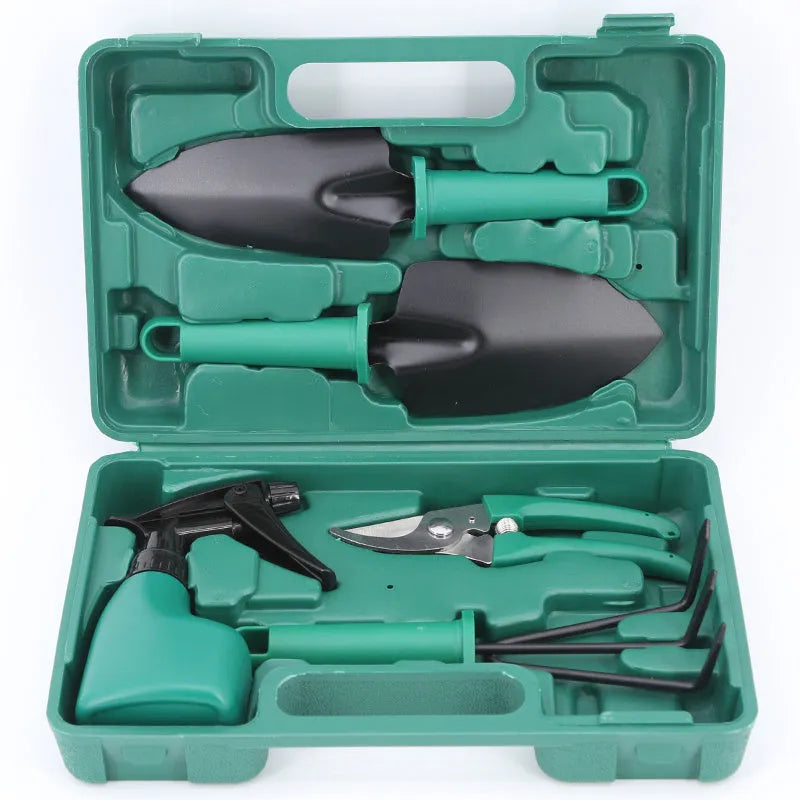 Ten-piece gardening tool set with iron heads and plastic handles, green and purple colour options