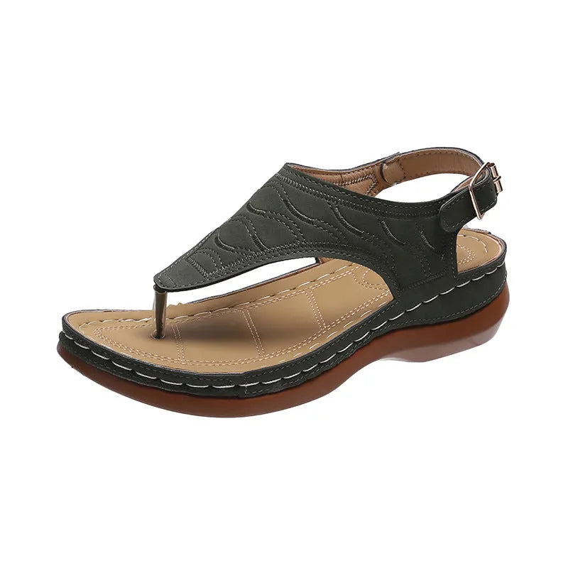 Women's wedge heel casual sandals in red with an adjustable back strap and flip-flop style.