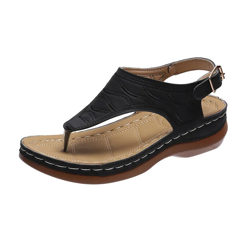 Women's wedge heel casual sandals in red with an adjustable back strap and flip-flop style.